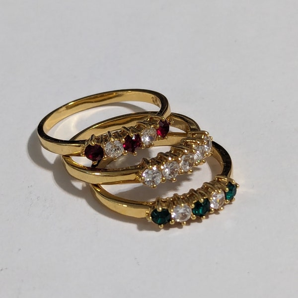 Avon Crystal Ring Trio Size 10 Avon Vintage Holiday Ring Eternity Trio Crystal Garnet Emerald Set Of 3 Goldtone New Old Stock