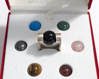 Anillo modernista de plata de ley maciza con 7 bolas de piedras preciosas intercambiables: Orbe místico de 12 mm, talla 6 (nuevo sin usar)