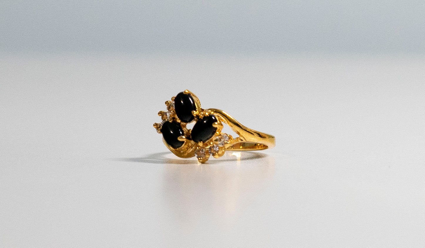 Onyx 3 Stone & Clear CZ Ring 18kt HGE Yellow Gold Cocktail Onyx 3 Stone & Clear CZ Ring 18kt HGE Yellow Gold Cocktail