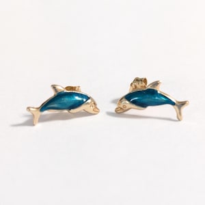14k Mini Dolphin Yellow Gold JCM (Jacmel)  Stud Earrings 14k Gold Dolphin Fish Stud Post Earrings Teal Signed Marked Tested