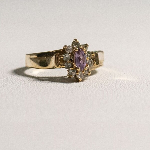 Vintage Marquise Cut Amethyst and Clear Crystals Ring 14K Yellow Gold Finish Size 8 Hallmarked