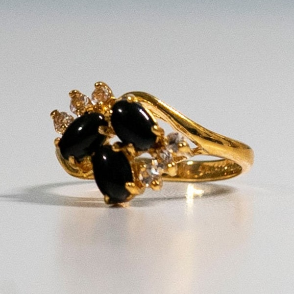 Black Onyx & Clear CZ Stones Ring 18Kt HGE Yellow Gold Cocktail Ring Size 7