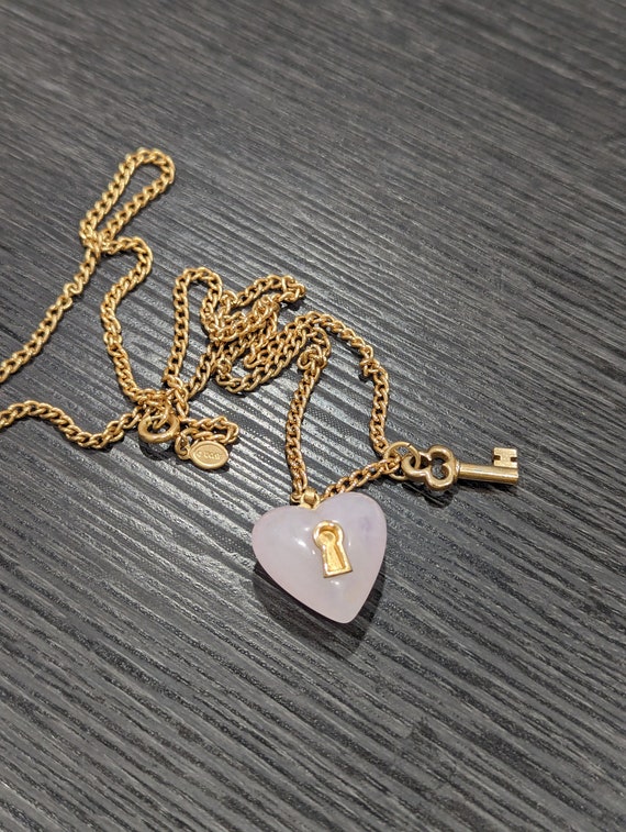 Rare Avon Key To My Heart Goldtone Rose Quartz Ne… - image 2