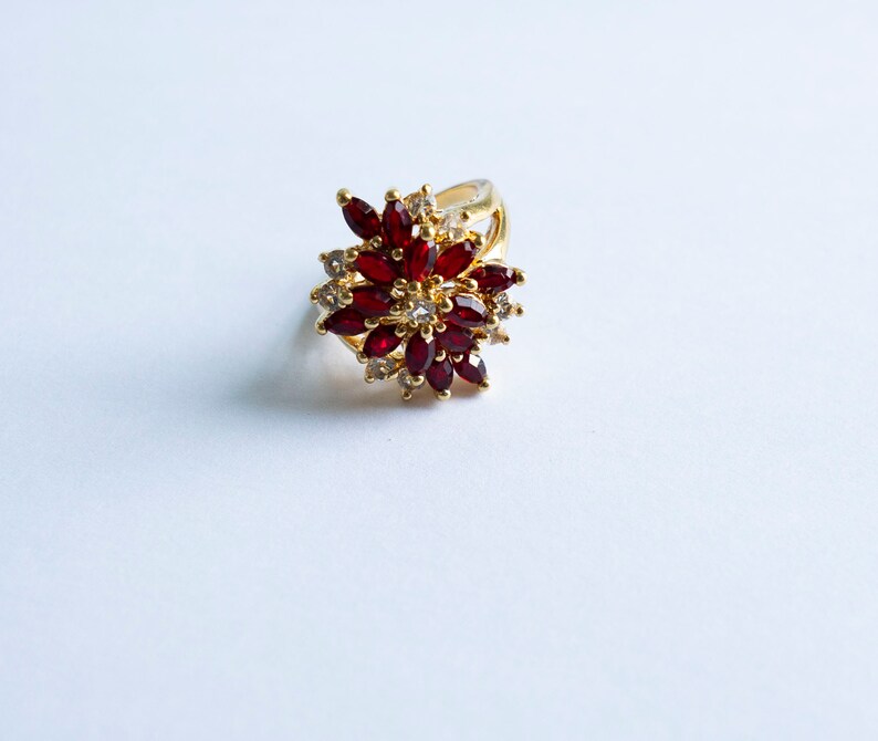Victorian Marquise-Cut Garnet /& Spinel Rhinestone Floral Cluster Cocktail Ring 18k HGP