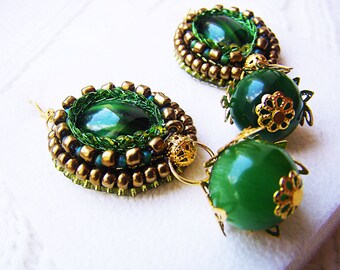 Emerald Green Cat Eye Antique Gold Czech Seed Glass Bead Dangle Earrings  OOAK