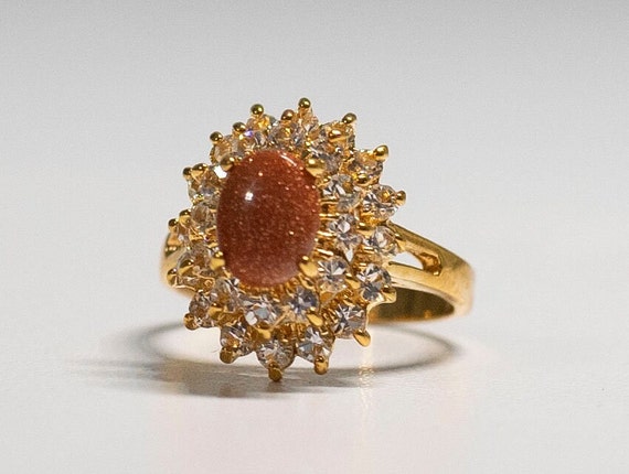 Vintage Sunstone Cocktail Ring: 18Kt Gold Finish, Size 6 1/4 Hallmarked