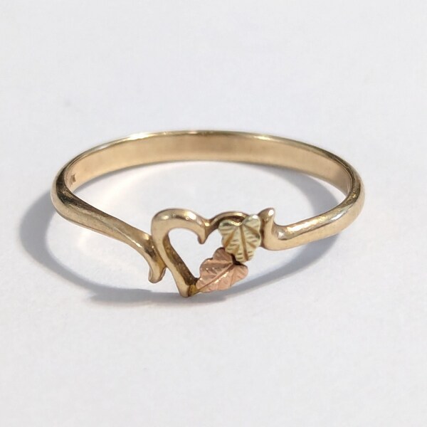 Tiny 10k Gold Black Hills Love Heart Rose Green Diamond Cut Leaf Ring Coleman South Dakota Gold Company Size 7