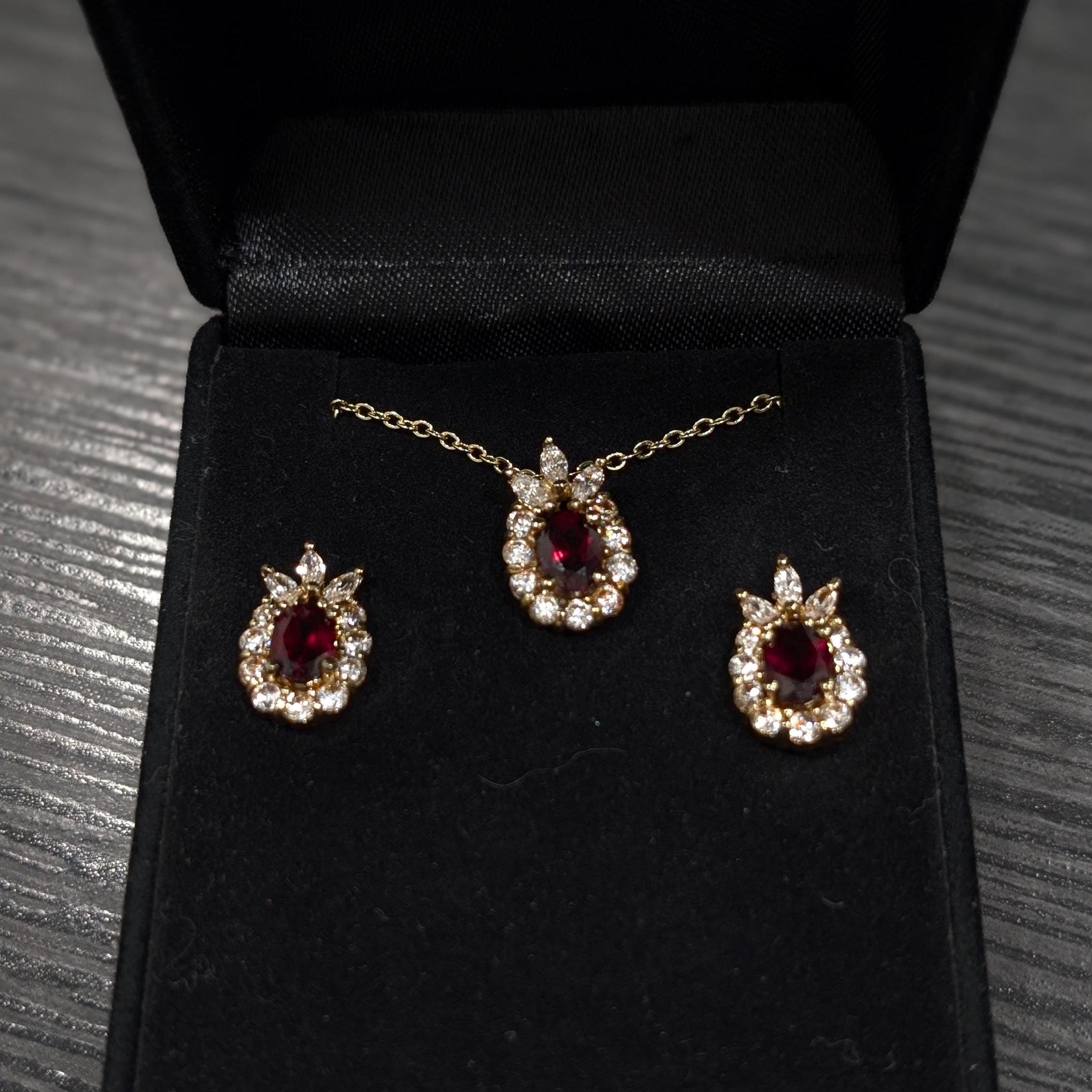 Garnet & Crystal 3-piece Jewelry Set: Necklace and Pierced