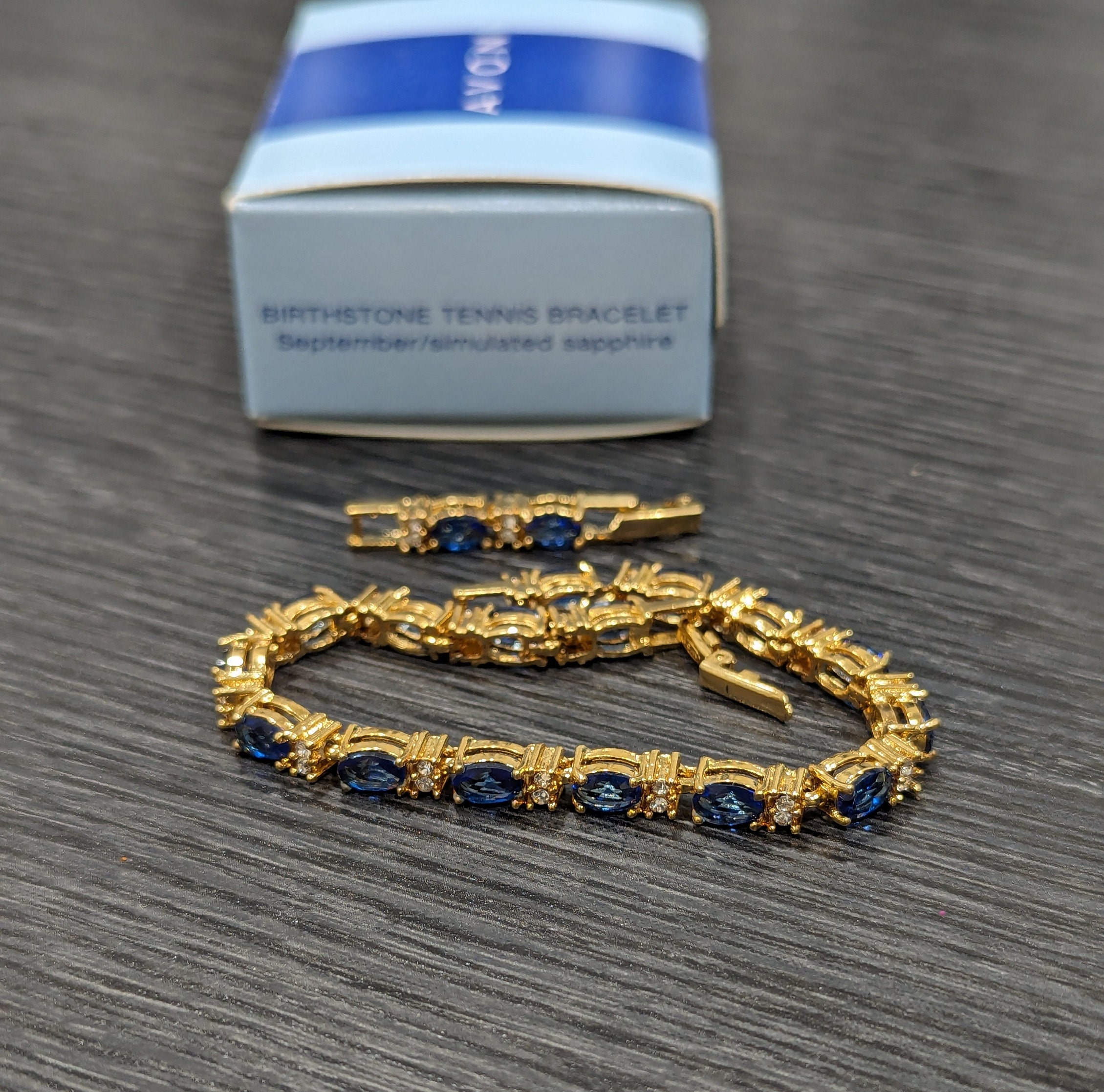 Avon Birthstone Tennis Bracelet September Sapphire Rhinestone Tennis Bracelet Adjustable Removable Link Avon New Old Stock 114
