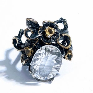 Natural Brilliant Cut Rock Quartz & Citrine Ring 925 Blackened Sterling Silver Size 8.5