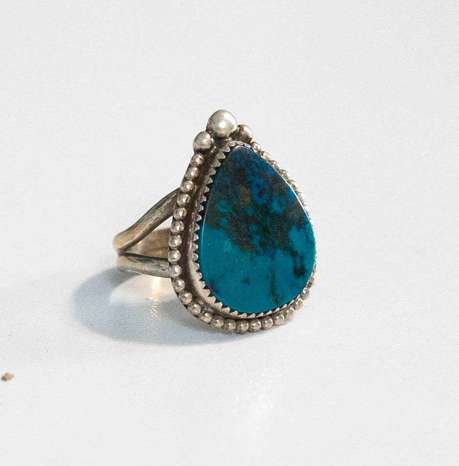 Vintage Teardrop Turquoise Sterling Silver Ring Signed JA