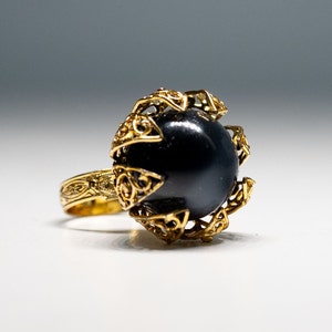 Vintage Impressive Statement Ring Medieval Water Mage Lord&#39;s Ring Blue Moonstone Floral Cocktail Ring Yellow Gold Finish Size 8 Adjustable