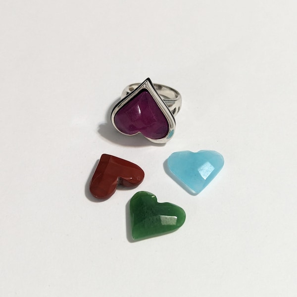 HSN 925 Sterling Interchangeable Magnetic Heart Shaped Diamond Cut Glass Stone Ring Size 7 Ruby Jade Topaz Jasper