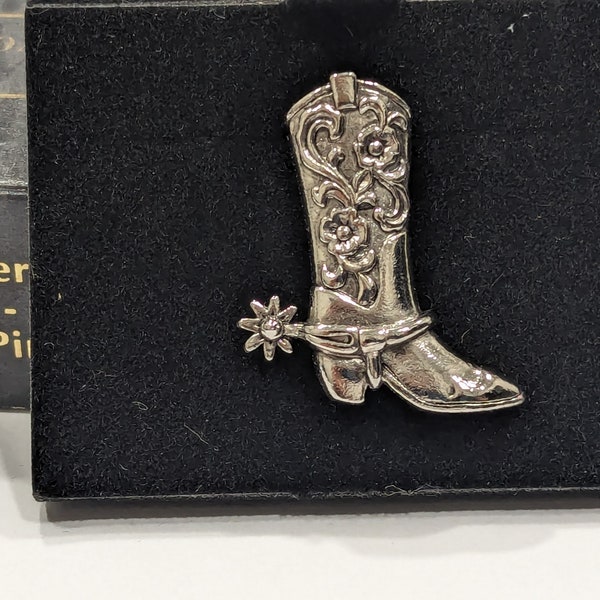 Avon Western Style Round-Up Boot Pin Tag Avon Cowboy Cowgirl Boot Silver Tone Western Lapel Tac Pin Designer Jewelry Avon New Old Stock 94