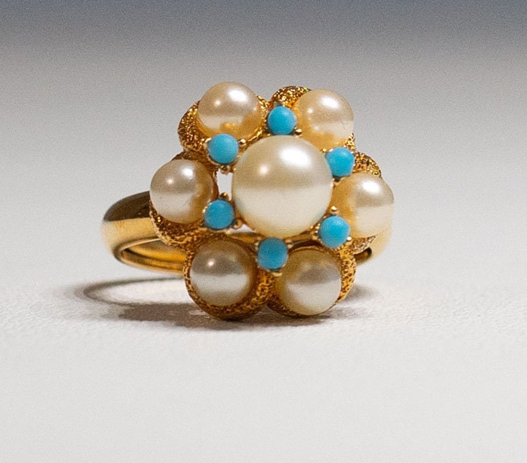 Vintage 1972 Avon Floral Ring: Gold Tone, Turquoise & Pearl (size 4-5 ...