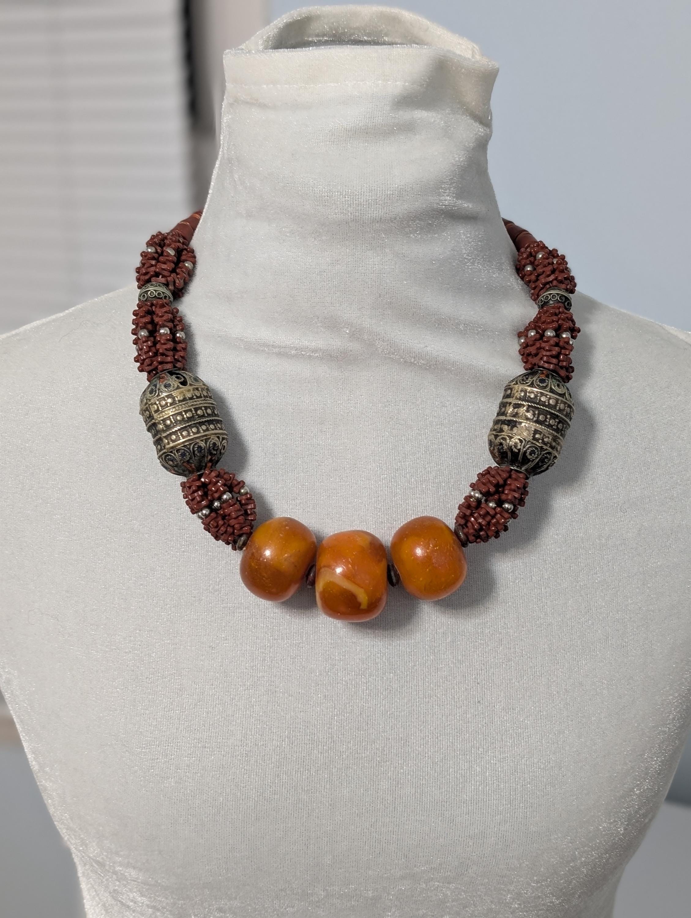 Vintage Berber Necklace, Louban Copal Clay Beads & Silver Tagmout