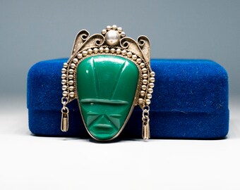 Huge Sterling Mexico Carved Face Green Onyx Stone Mask Taxco
