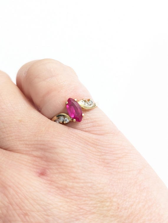 14k Gold Lab Ruby Ring: Marquise Cut with Zircon … - image 4