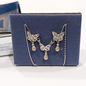 Signed Avon Rhinestone Butterfly Gift Set With Pearlesque Drop Earrings & Necklace Tiny Set Fine Jewelry by Avon New Old Stock 205 Excellent
