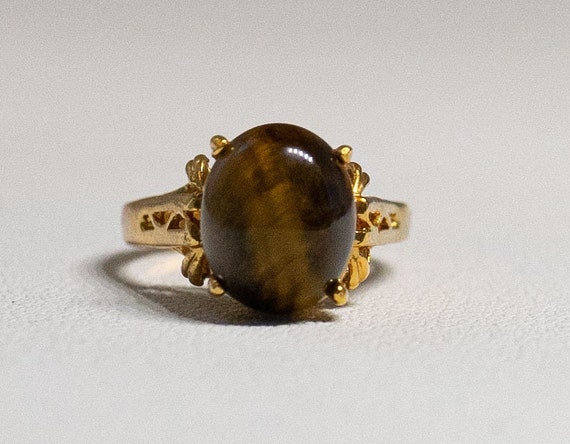 Elegant Tiger Eye Gemstone Ring 18Kt Yellow Gold … - image 1