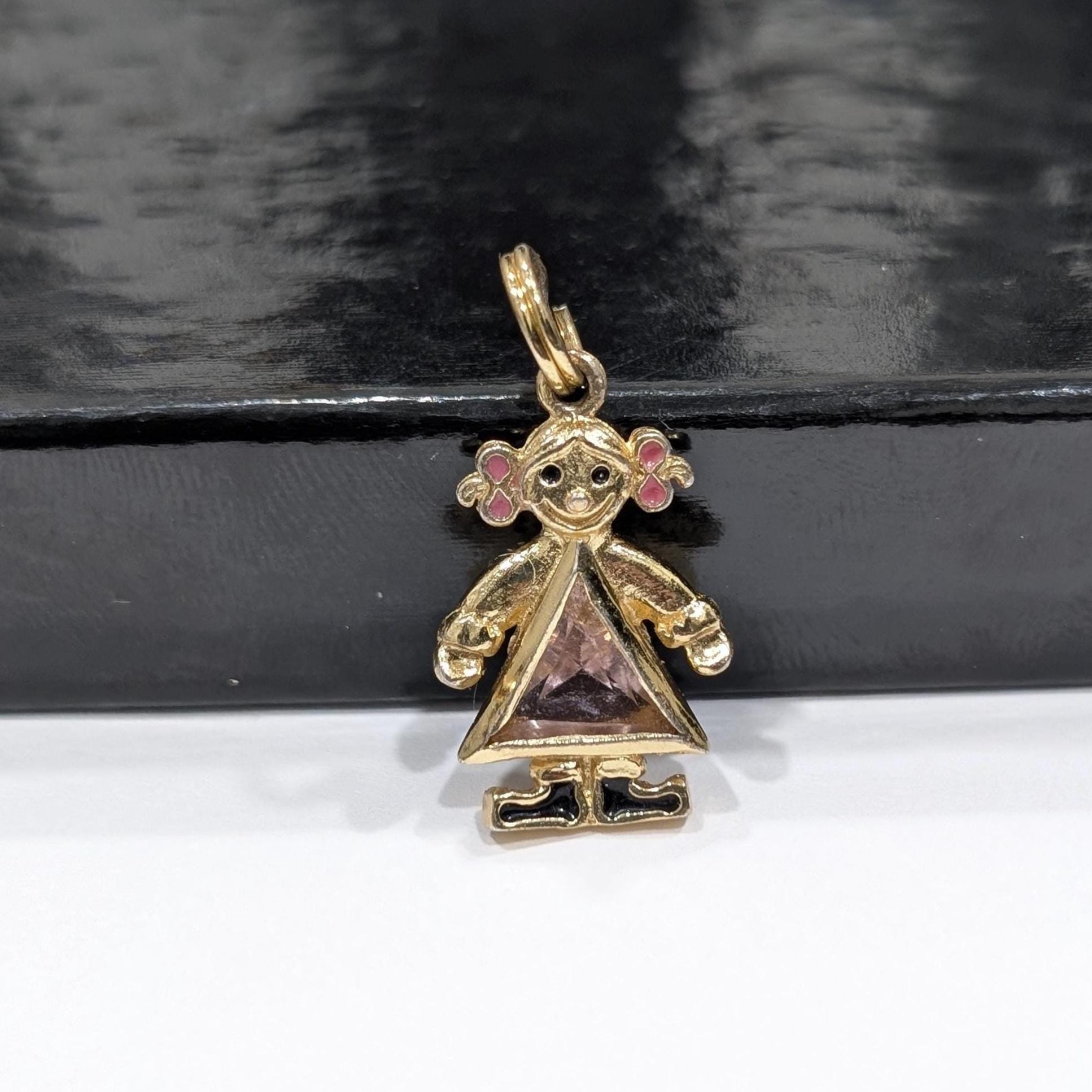 Gold Sterling Silver Baby Girl Charm Vermeil BIRTHSTONE October Rose Quartz Charm Pendant Happy Girl Birthstone Cubic Zirconia Charm