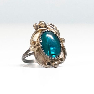 Estate Sterling Native Old Pawn Ring  Blue Green Dichroic Folded Glass Ring Size 9 Vintage Fused Glass Southwestern  Ring