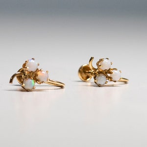 Op de afbeelding: Een paar gouden oorbellen met een cluster van vier witte opalen. De oorbellen zijn ontworpen in een delicate, bloemvormige vorm.