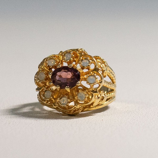 Vintage ESPO Amethyst & Opalite Designer Ring Esposito 18KT HGE Yellow Gold Size 7 Estate Jewelry Marked