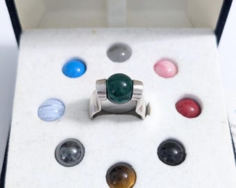 Anel em prata de lei 925 com 9 esferas intercambiáveis de pedras preciosas: Cores da Vida, tamanho 6, esferas de 10 mm