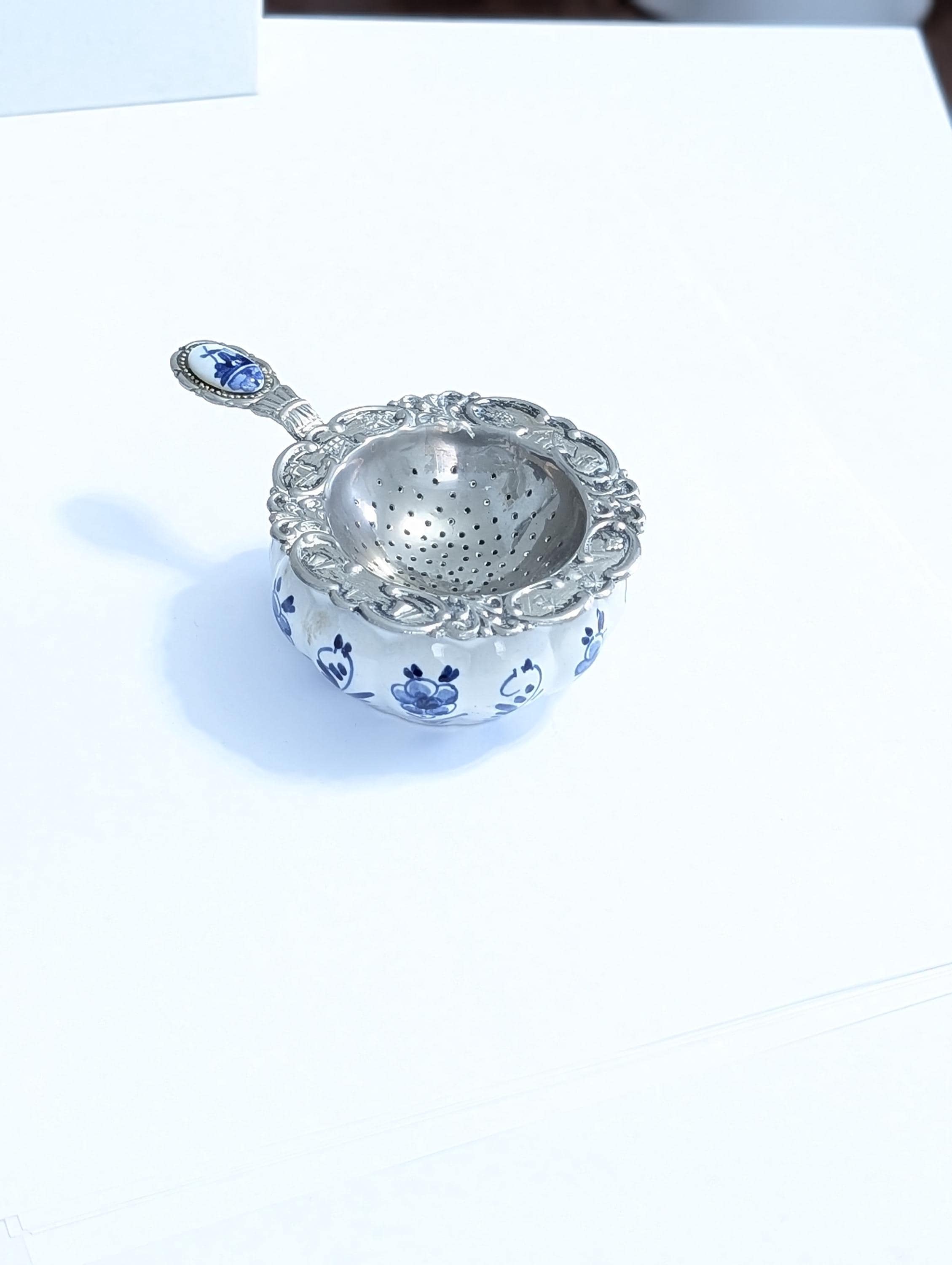 Vintage Delft Blue Floral Holland Tea Strainer With Porcelain