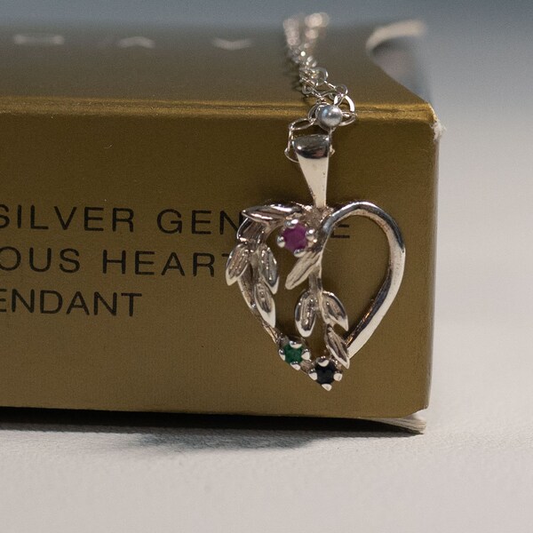 Vintage Avon Sterling Silver Genuine Precious Heart Pendant Necklace Gem-quality Corundum Ruby Emerald Sapphire Signed Jewelry