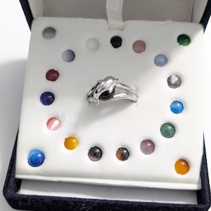 May include: A silver ring with a black stone center, displayed in a jewelry box with various colored gemstones. The ring features a unique design, possibly depicting dolphins or a similar aquatic theme. The box is lined with white fabric.