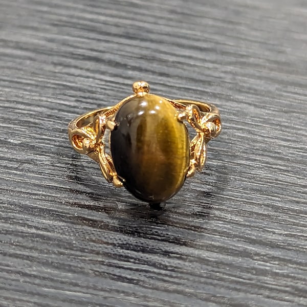 Tiger Eye Gemstone Ring 18Kt HGE Yellow Gold Finish Cocktail Ring Size 8