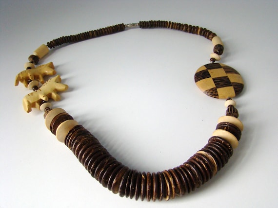 Ethnic Wood Carved Tribal African Wood Necklace W… - image 1