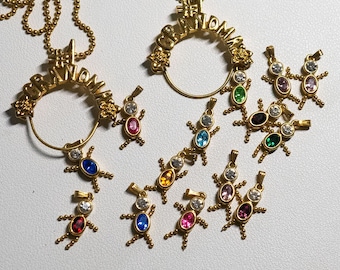 Vintage Avon 14 Kt Yellow Gold Finish BIRTHSTONE Babies Grandchildren and Ring Charms SMALL 3/4&quot; Rare Avon #1 Grandma Necklace