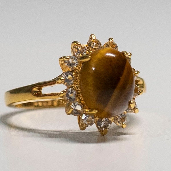 Tigers Eye Yellow Gold 18KT HGE Size 7 Fashion Ring with Sparkling Diamonds Cut Crystals Estate Jewelry Cocktail Ring