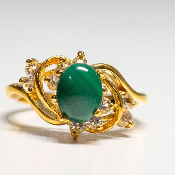 Art Deco Malachite & Clear CZ Stones Ring 18Kt HGE Yellow Gold Cocktail Ring  Size 6