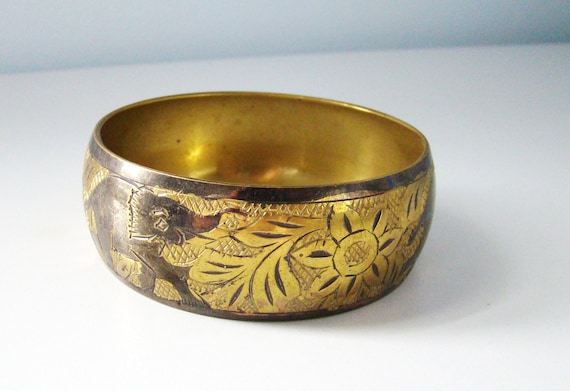 Vintage Solid Brass Elephant Bangle: Engraved Boh… - image 1