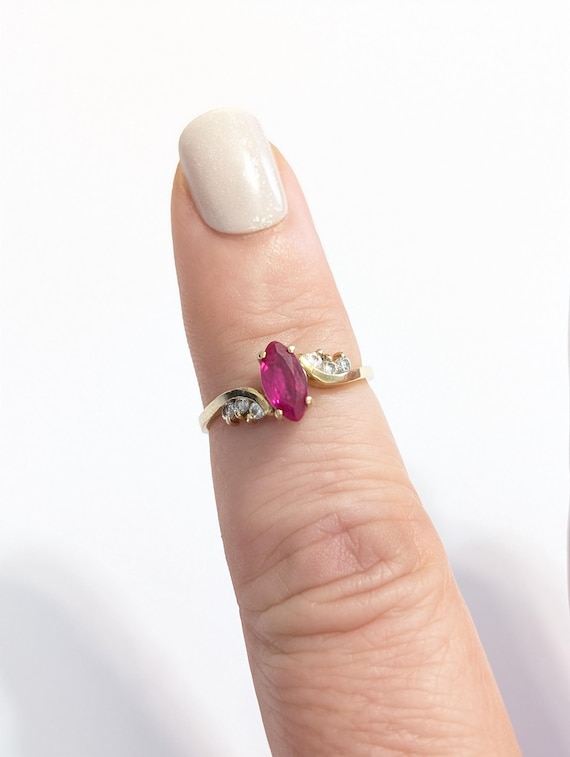 14k Gold Lab Ruby Ring: Marquise Cut with Zircon … - image 2