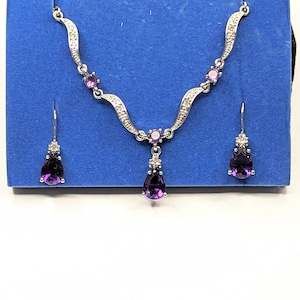 Vintage Avon February Birthstone Swirl ‘Y’ Necklace Gift Set Avon Birthstone Y Marcasite Style Gift Set New Old Stock 4