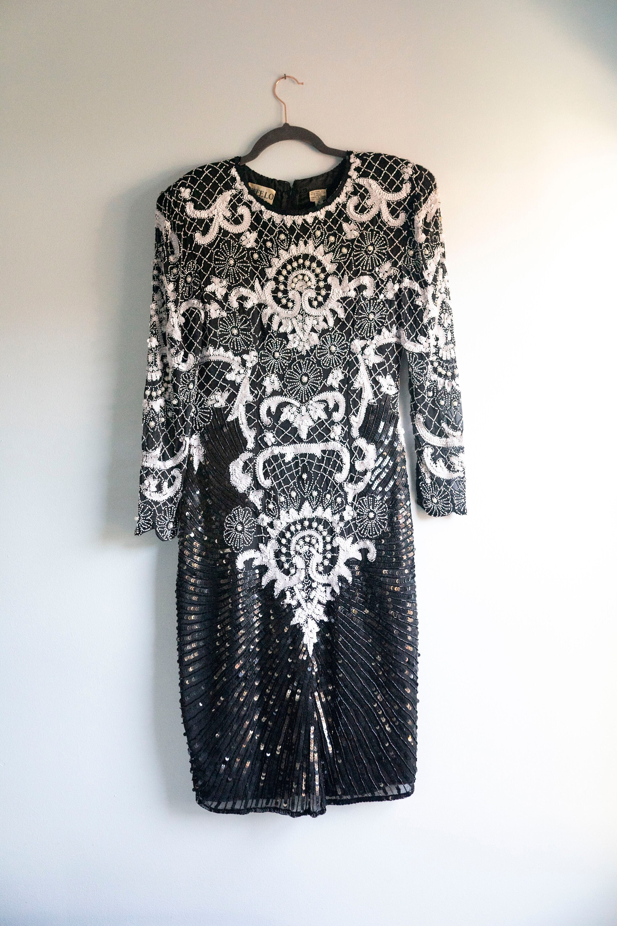 Vintage Swee Lo Women's Evening Dress Size 6-8 Black White Sequins Beads 100% Silk