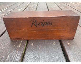 Vintage Wood Recipe Box Double Compartment Hinged Lid with Recipe Cards