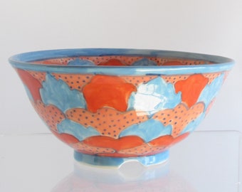 Ceramic Bowl with Geometric Design in Blue and Orange