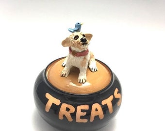 Dog Treat Jar with Russell Terrier and Blue Bird
