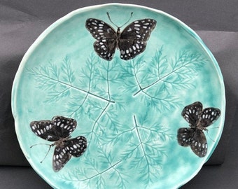 Ceramic Plate with Black Butterflies and Inlaid Leaves