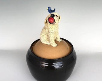 Dog Treat Jar with Doodle Dog, Red Ball, and Bird