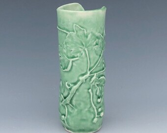 Vase with Inlaid Leaves and Berries with Green Celadon Glaze