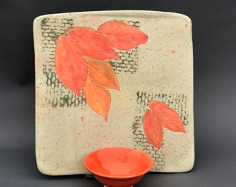 Ceramic Tray and Bowl with Orange Leaf Design