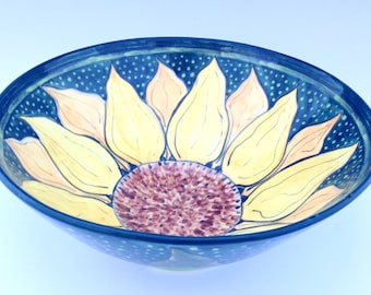 Bowl with Teal and Yellow Sunflowe Design