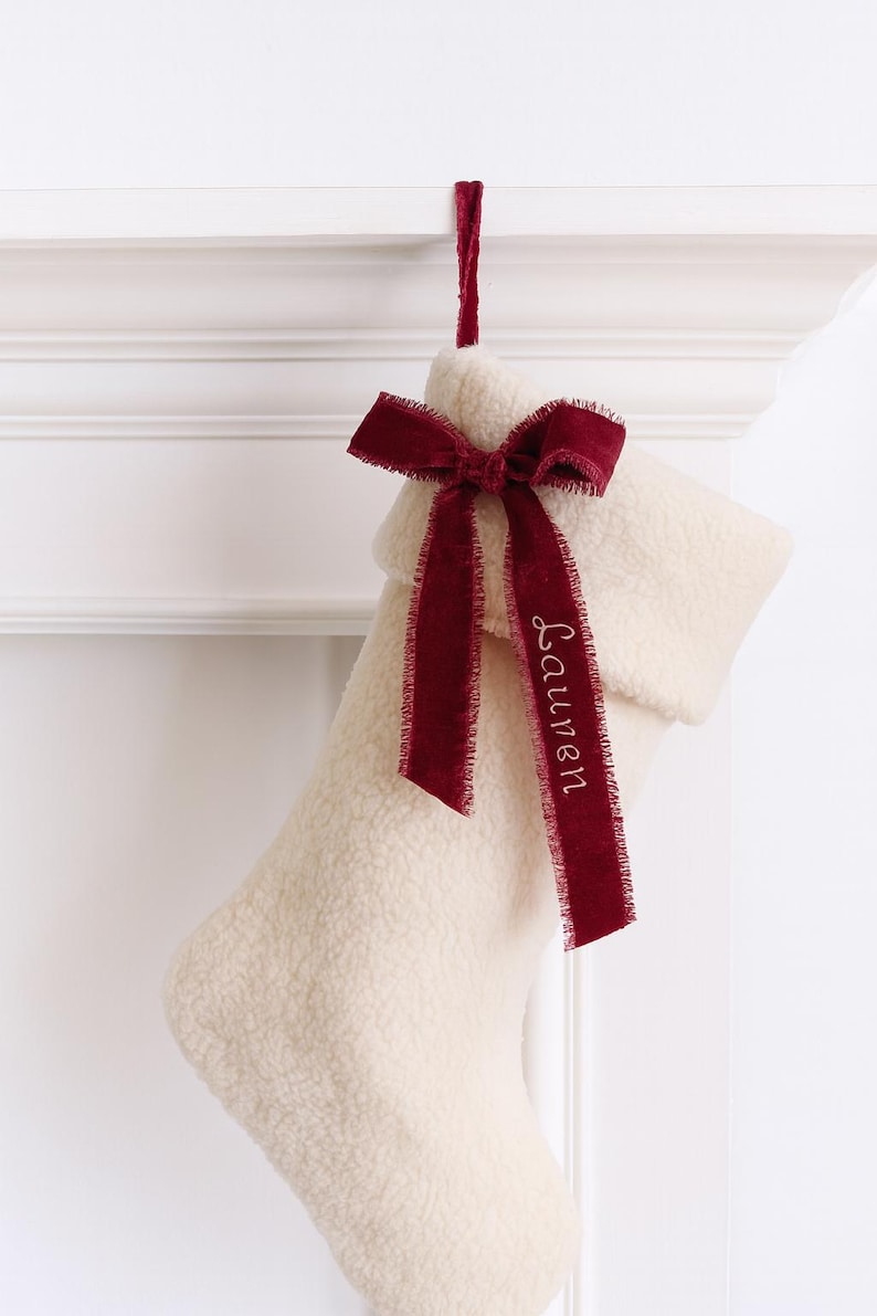 Velvet Embroidered Personalized Ribbon Bow Green red brown pink blue Stocking Christmas Gift Wrap name wedding napkin